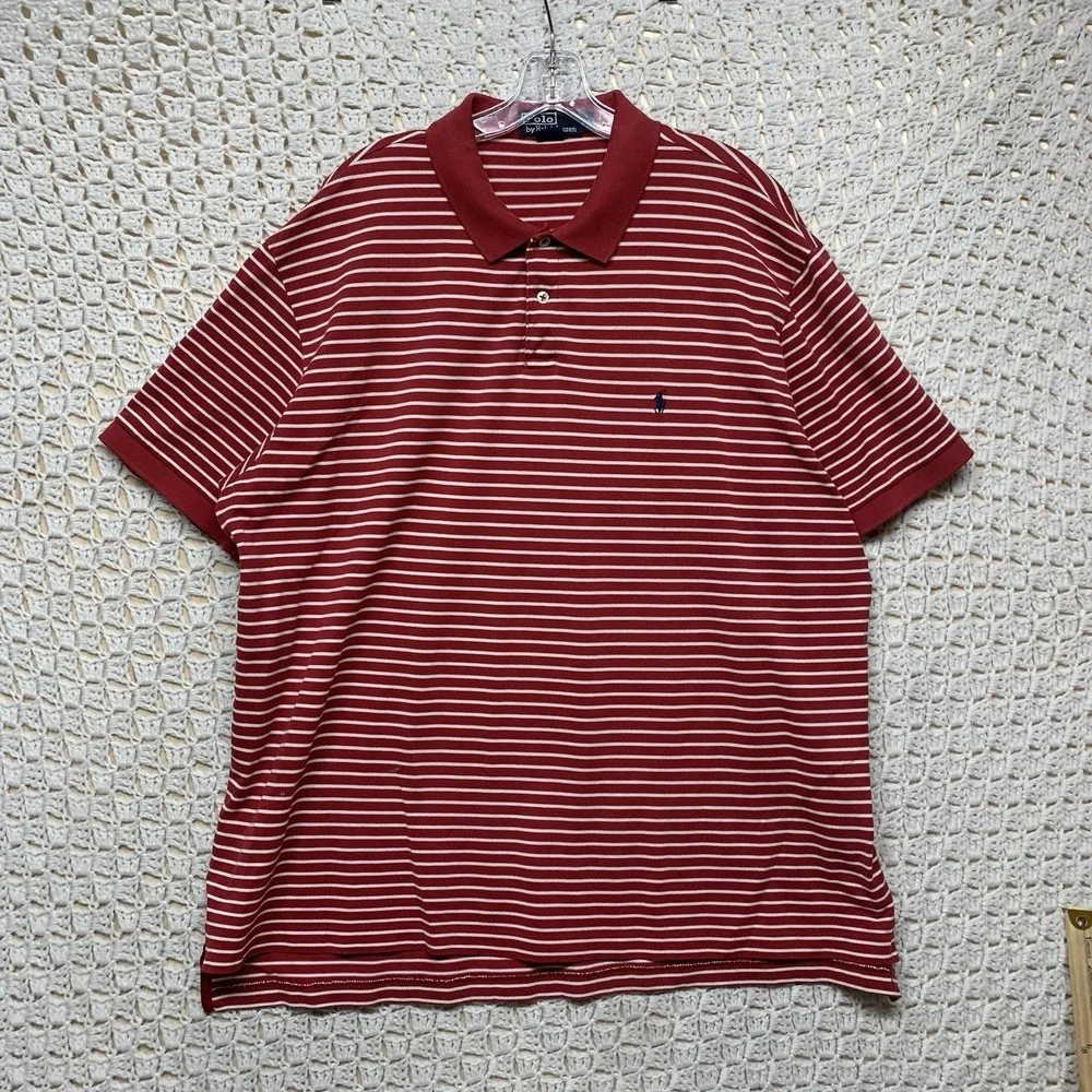 VTG Polo Ralph Lauren Polo Shirt Mens XL Red Striped 100%pima Cotton Short Sleev